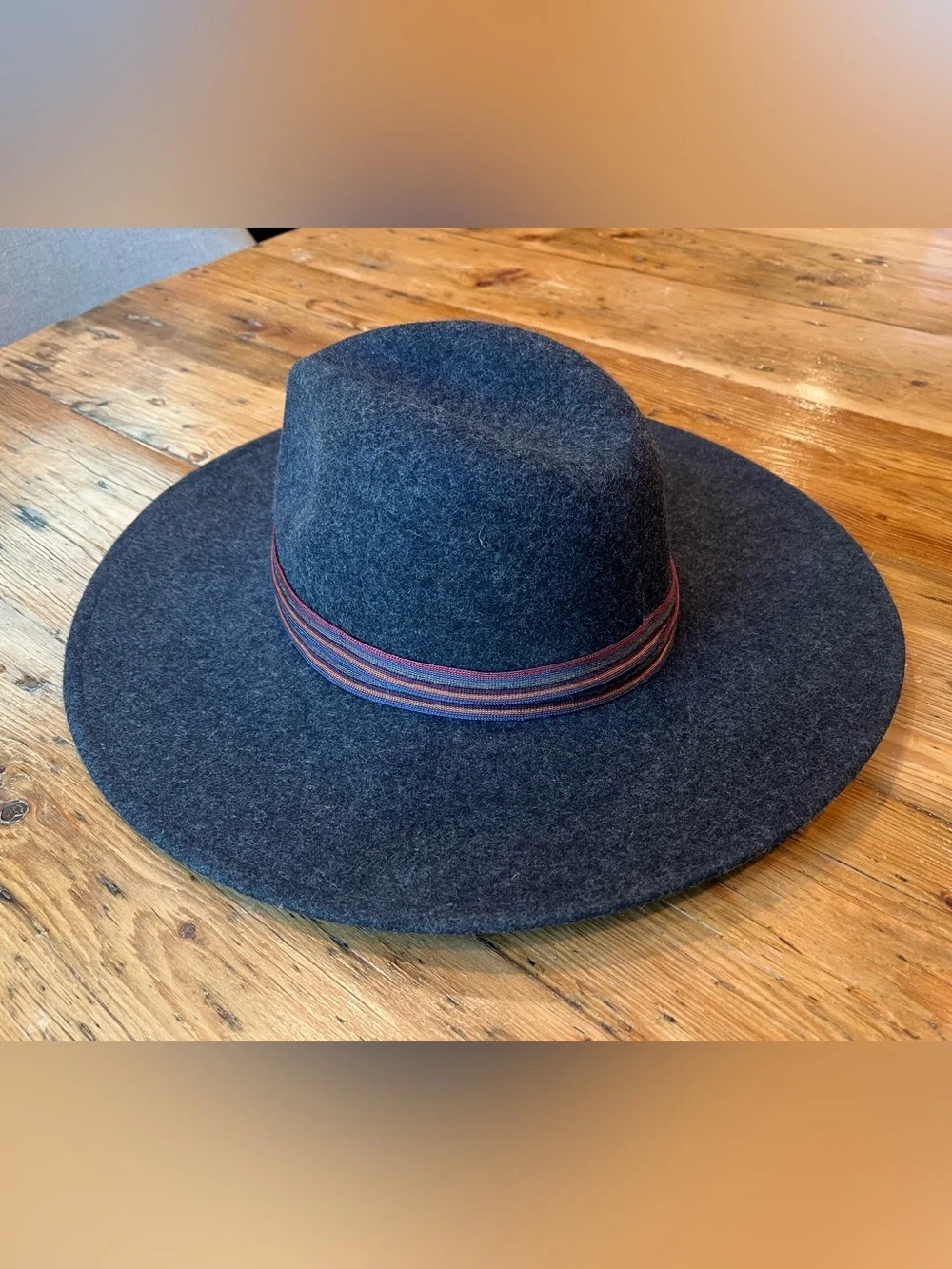 Zara Charcoal Wide-Brim Wool Hat with Striped Band EUC